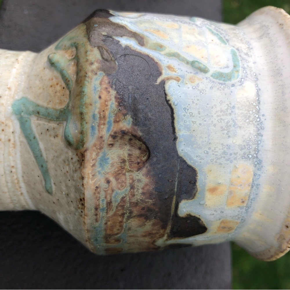 Artist Signed 2 Studio Pottery Goblets Cups - Creamy Tan Brown Blue Green Glaze - Picture 8 of 10